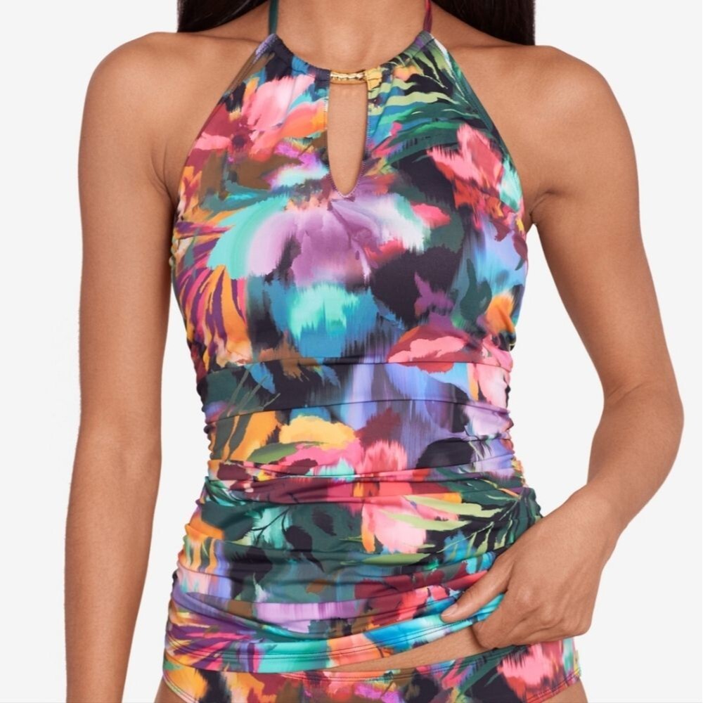 LAUREN Ralph Lauren Womens Multicolored High-Neck Halter Tankini Swim Top Size 4